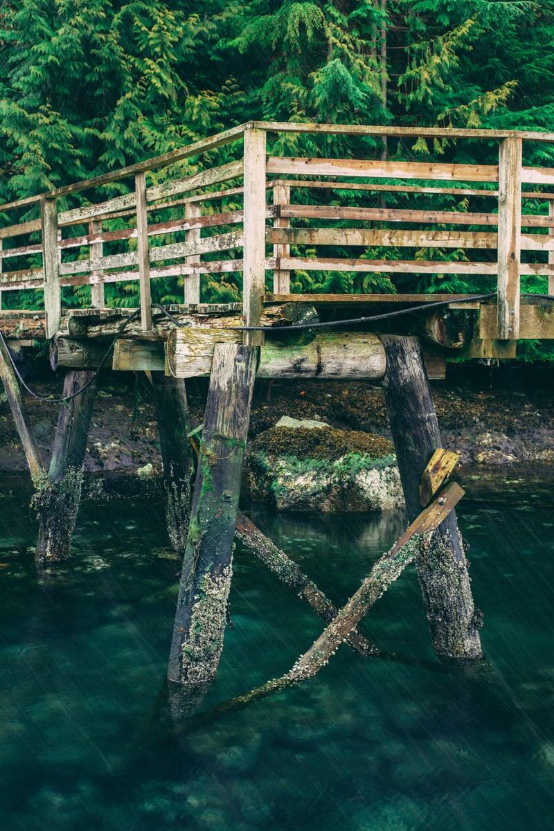 A weathered green dock and pilings hold over deep Sunshine Coast water. print option