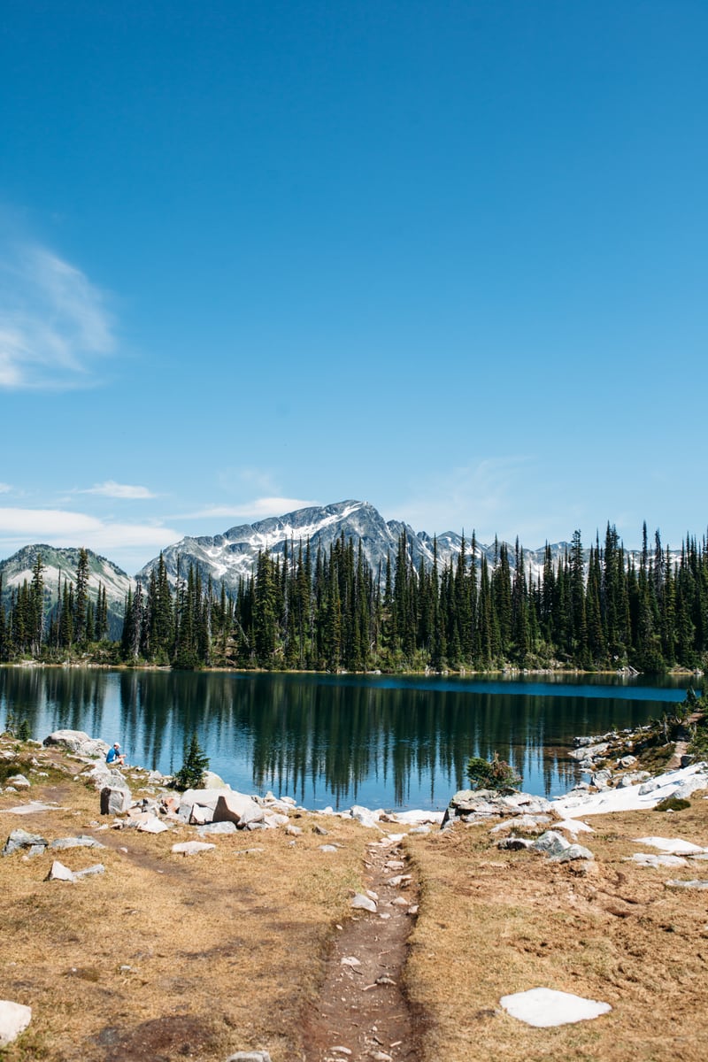 A bright alpine lake and melting snow path in Mount Revelstoke National Park. print option