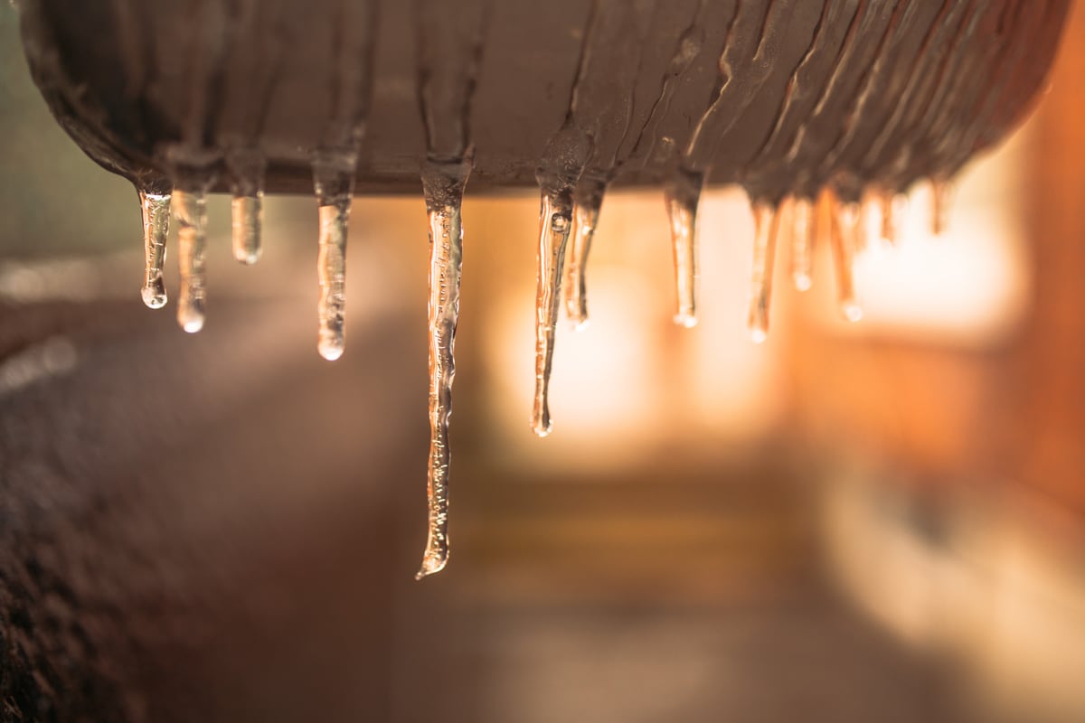 Icicles catch warm winter light beneath a Peterborough roofline. print option