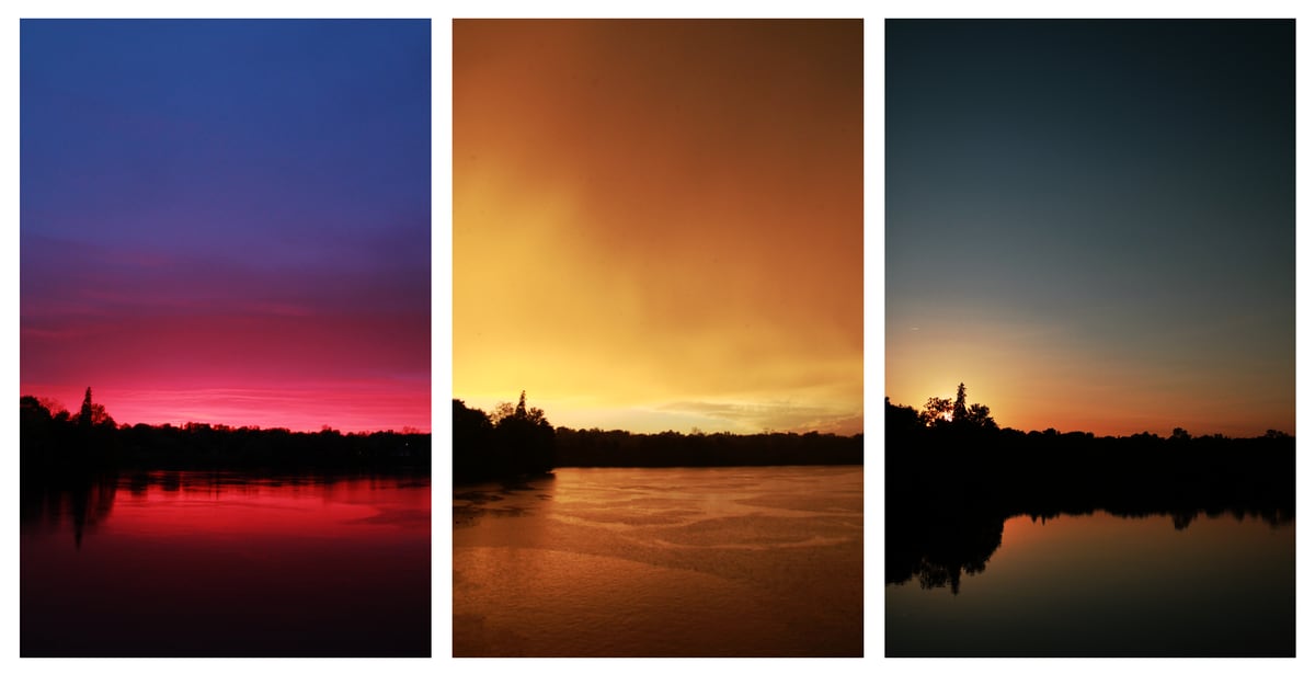 A Peterborough triptych of three warm sunset studies, held together as one graphic print. print option