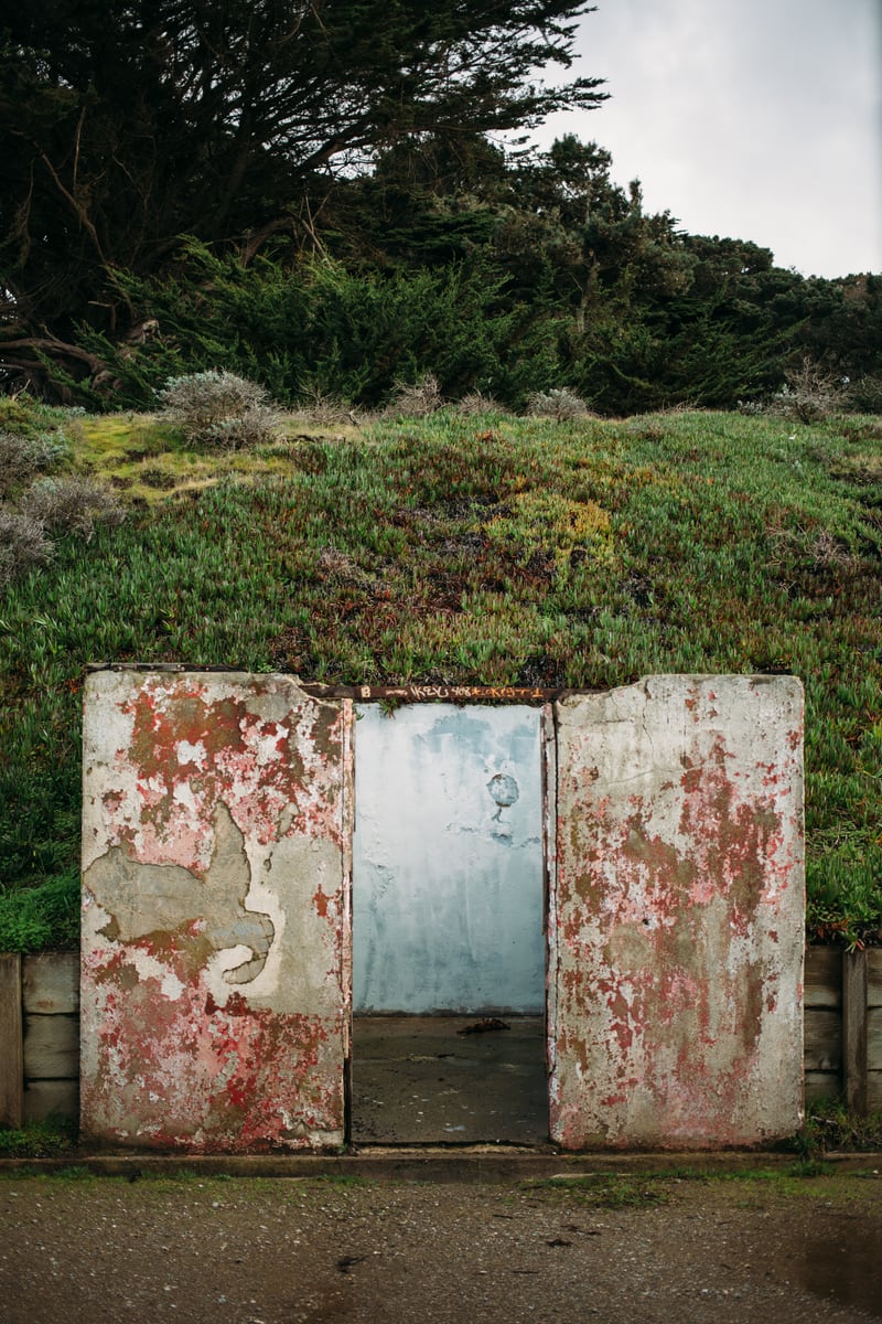 Weathered doors, painted metal and old military concrete near Baker Beach, where nature starts reclaiming the wall. print option