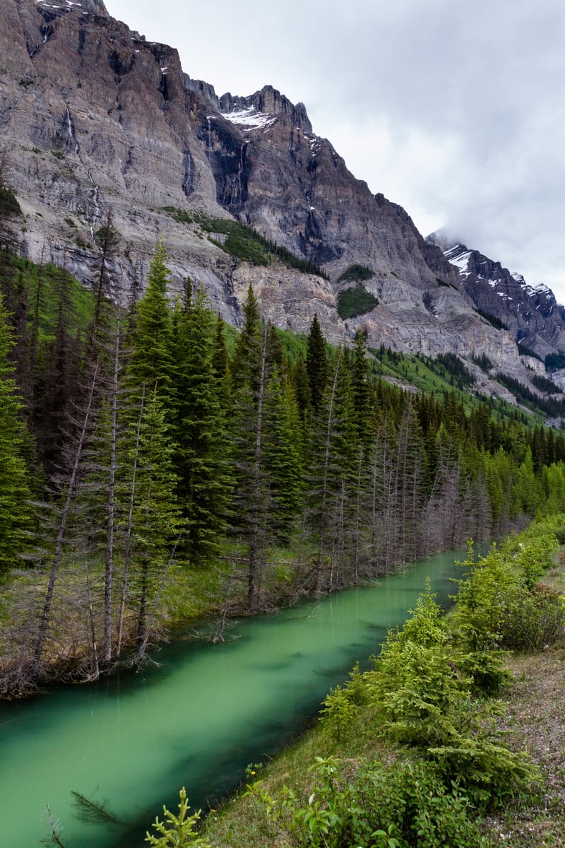 Turquoise water runs below a steep mountain and forest wall outside Jasper, Alberta. print option