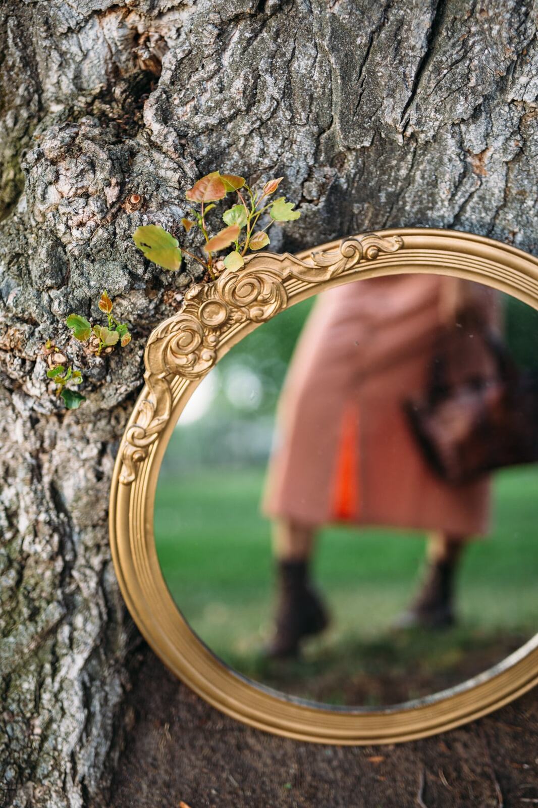 Angelica in Garden Light story frame 5: Mirror play, garden colour, straw hat and reflective frames with a quieter kind of romance.