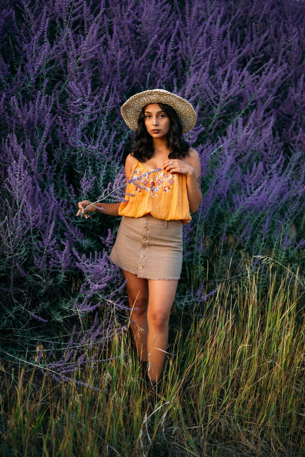 Angelica in Garden Light story frame 13: Mirror play, garden colour, straw hat and reflective frames with a quieter kind of romance.