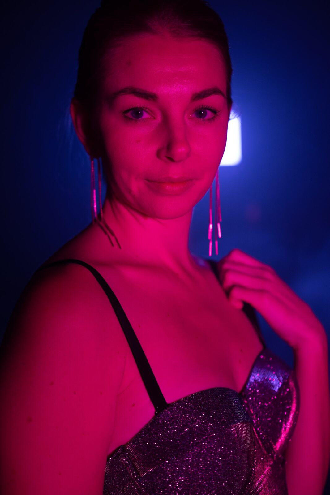 Angela in Colour portraits story frame 41: Angela in a colourful studio portrait set with clean expression, styled wardrobe, controlled light and a polished creative-portrait feel.