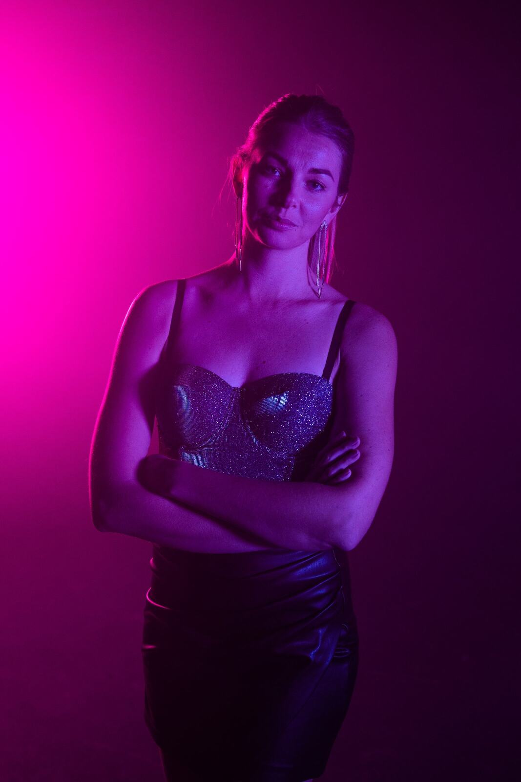 Angela in Colour portraits story frame 46: Angela in a colourful studio portrait set with clean expression, styled wardrobe, controlled light and a polished creative-portrait feel.