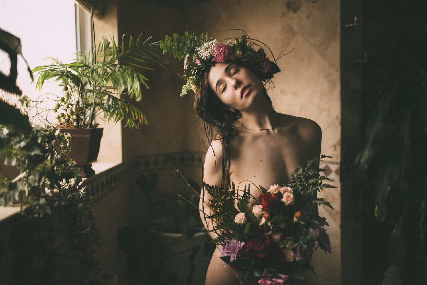 Bailey in Kelowna portraits story frame 41: Two portrait sessions moving through window light, body line, bold colour, foliage and floral-bath portraits.