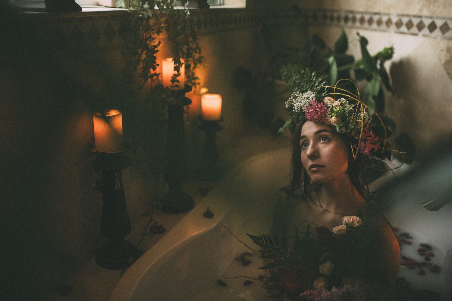 Bailey in Kelowna portraits story frame 44: Two portrait sessions moving through window light, body line, bold colour, foliage and floral-bath portraits.