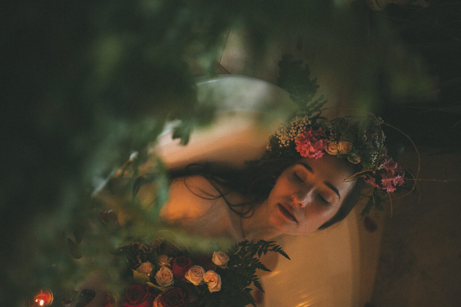 Bailey in Kelowna portraits story frame 46: Two portrait sessions moving through window light, body line, bold colour, foliage and floral-bath portraits.