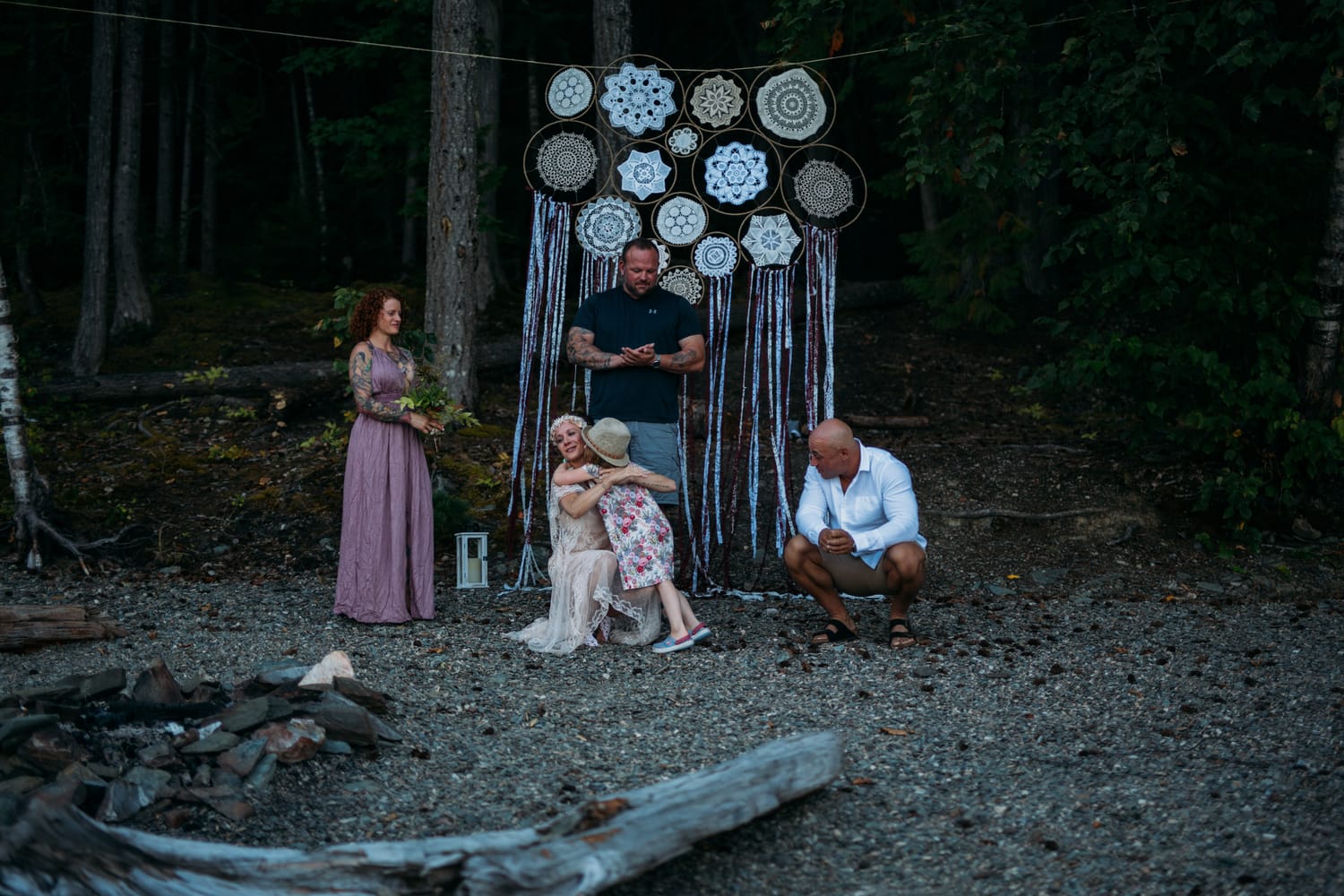 Carmel and Chris weddings story frame 16: A Sicamous and Shuswap Lake houseboat wedding that moved from water to beach, with friend-community overlap and a relaxed lakeside feeling..