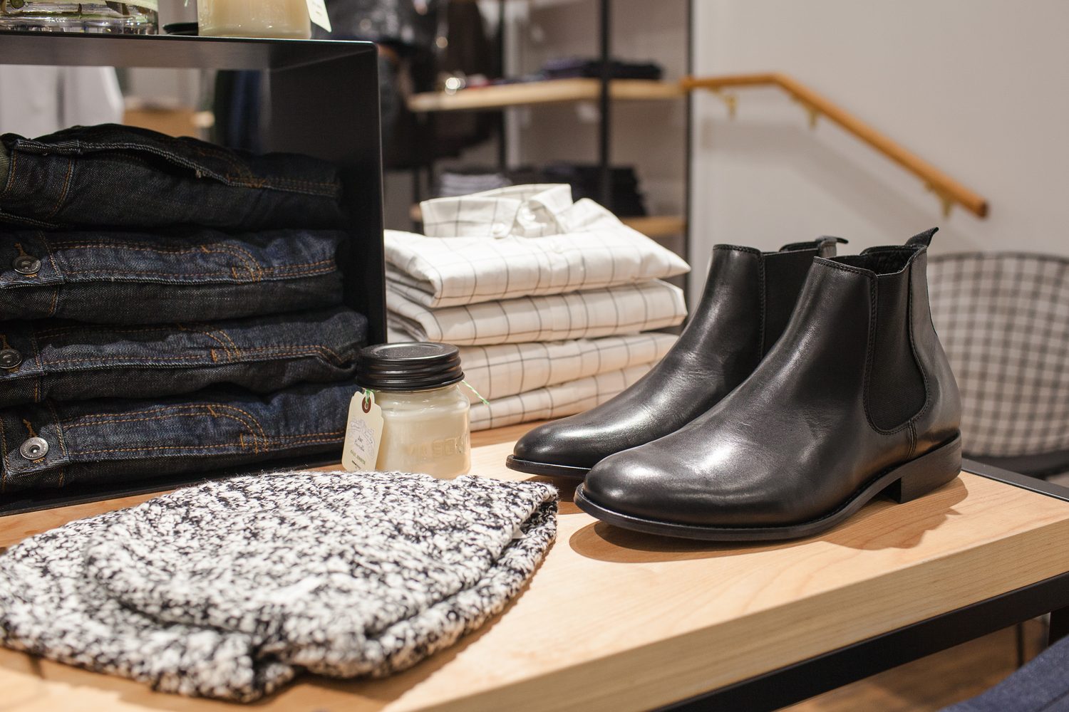 Frank & Oak Colour corporate story frame 4: Retail event photography for Frank & Oak Colour at The Blue Shop on Abbott Street in Vancouver, with the storefront, guests, clothing, details and the room in use.