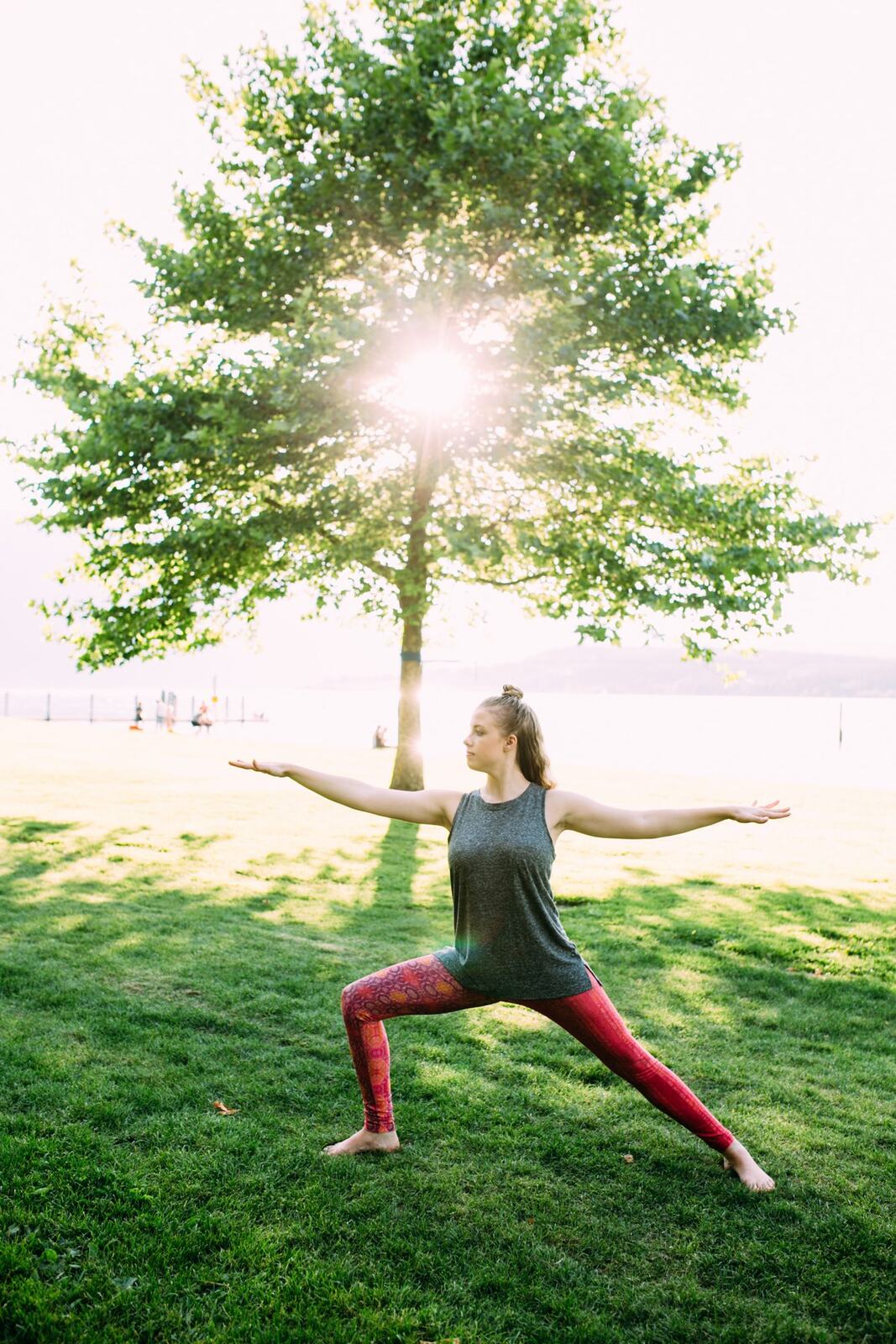 Shani Yoga corporate story frame 3: Wellness portraits for Shani with yoga movement, shoreline light and wooded settings, created for a personal brand with an active outdoor focus.
