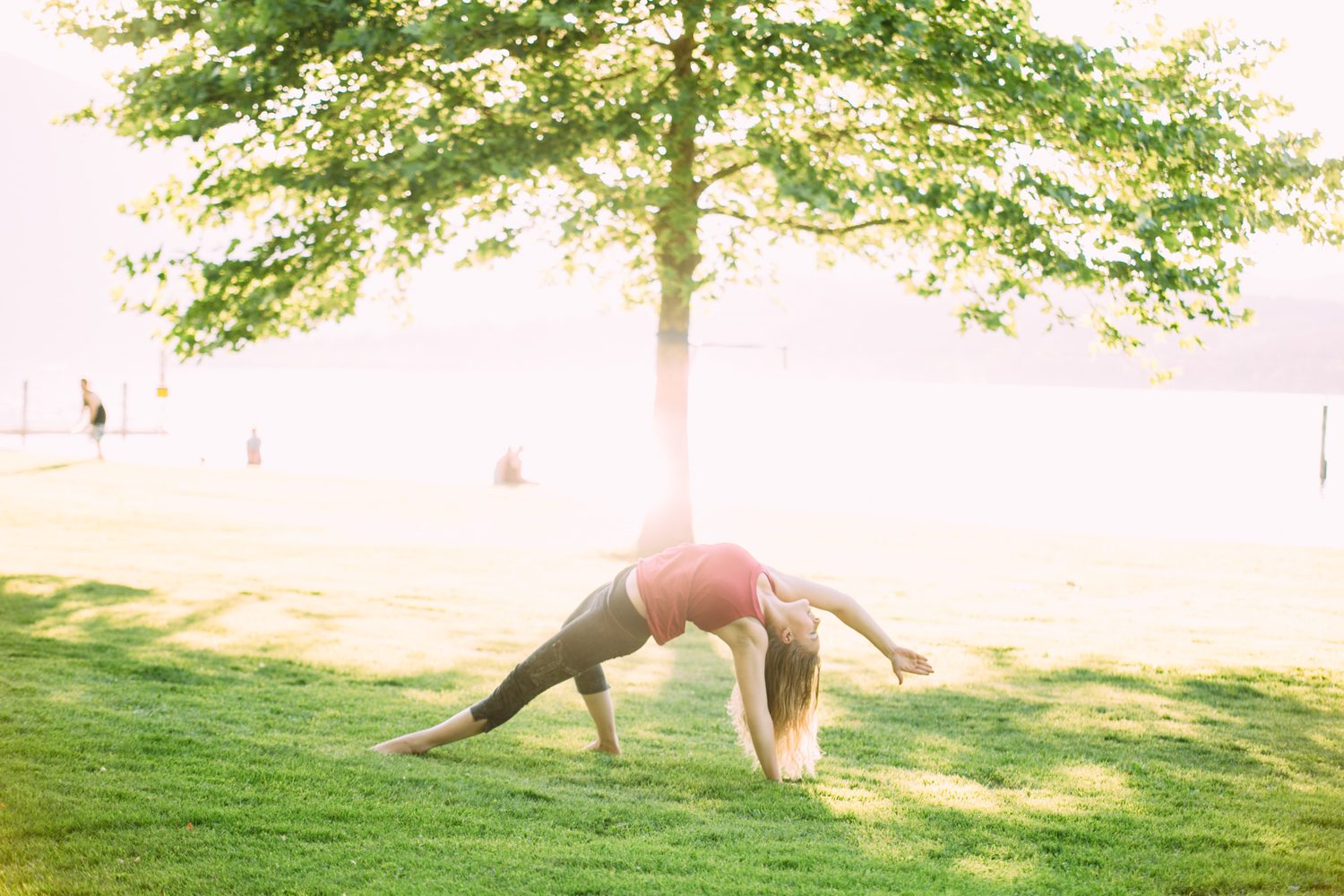 Shani Yoga corporate story frame 12: Wellness portraits for Shani with yoga movement, shoreline light and wooded settings, created for a personal brand with an active outdoor focus.