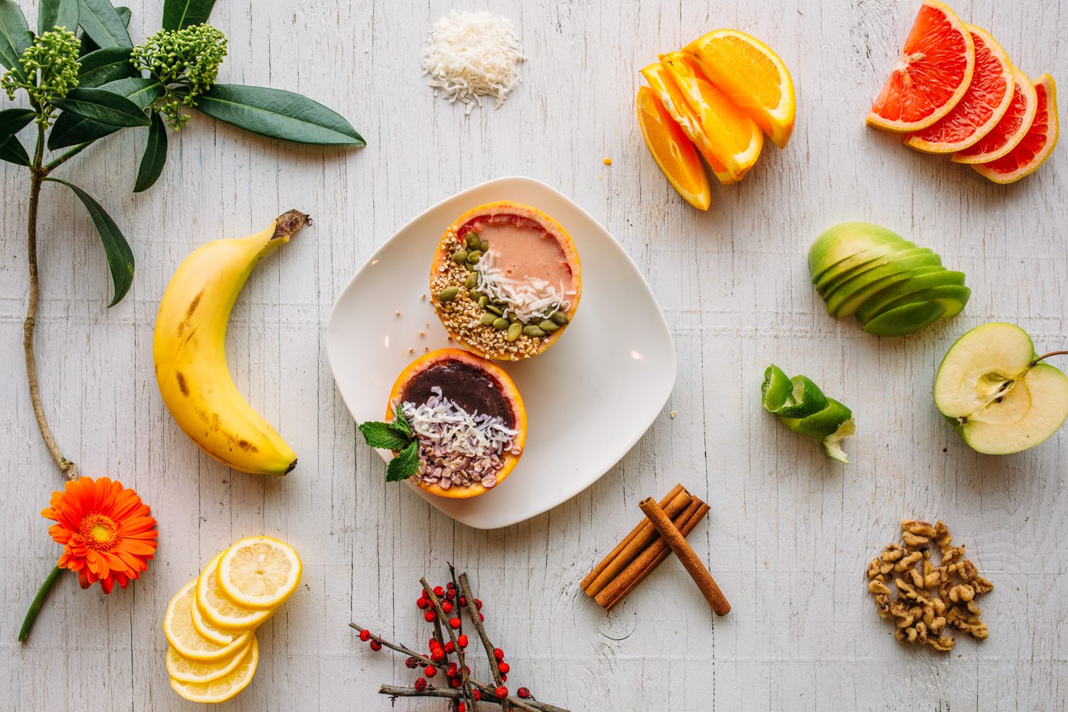 Smudge Noshery corporate story frame 3: Food and hospitality brand photography for Smudge Noshery in Salmon Arm, BC, with colourful flatlays, smoothies, bowls, cafe details and commercial product images for a local restaurant..