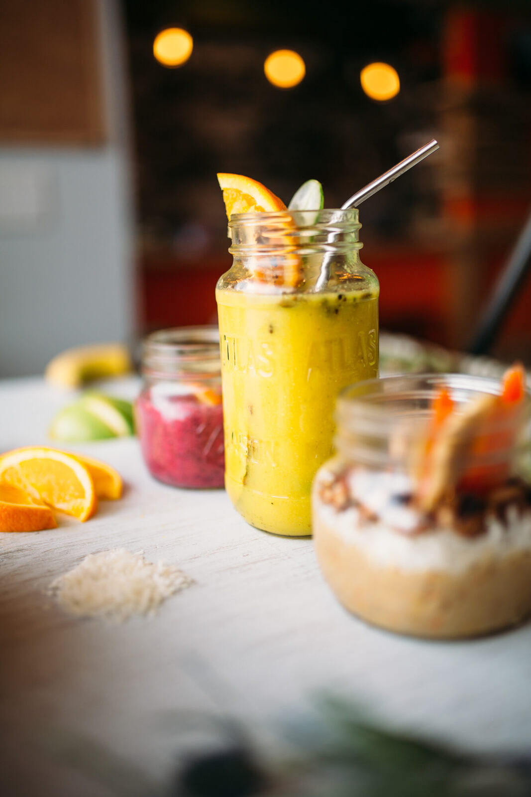 Smudge Noshery corporate story frame 5: Food and hospitality brand photography for Smudge Noshery in Salmon Arm, BC, with colourful flatlays, smoothies, bowls, cafe details and commercial product images for a local restaurant..