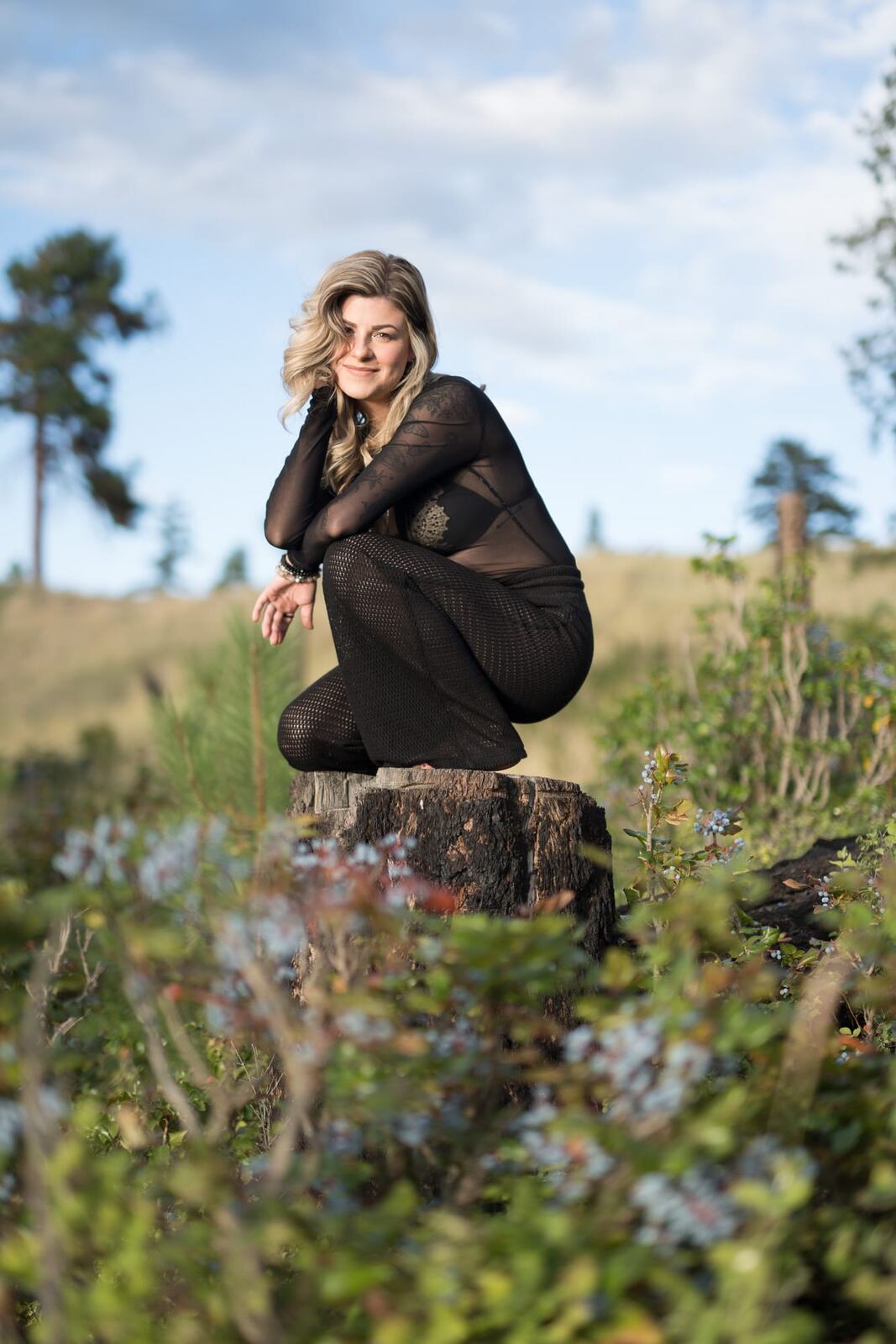 Sophia by the Water and Trees portraits story frame 2: Black outfits, water, trees, swimwear and a confident, sensual portrait story.