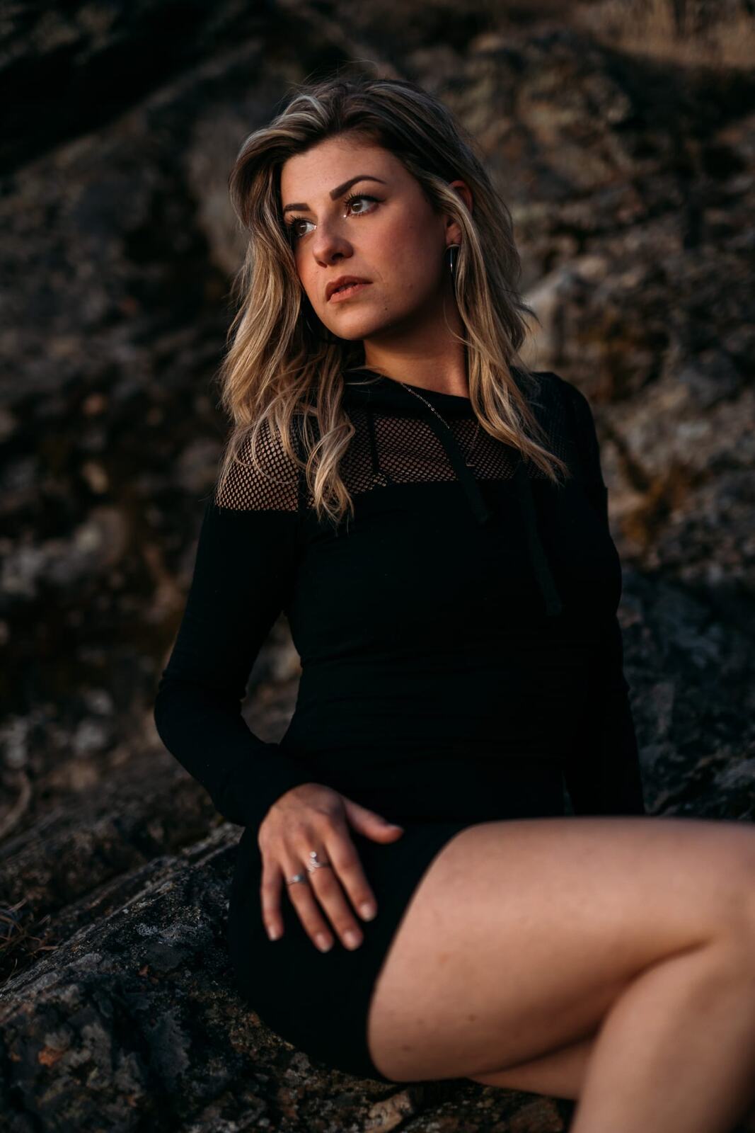 Sophia by the Water and Trees portraits story frame 17: Black outfits, water, trees, swimwear and a confident, sensual portrait story.