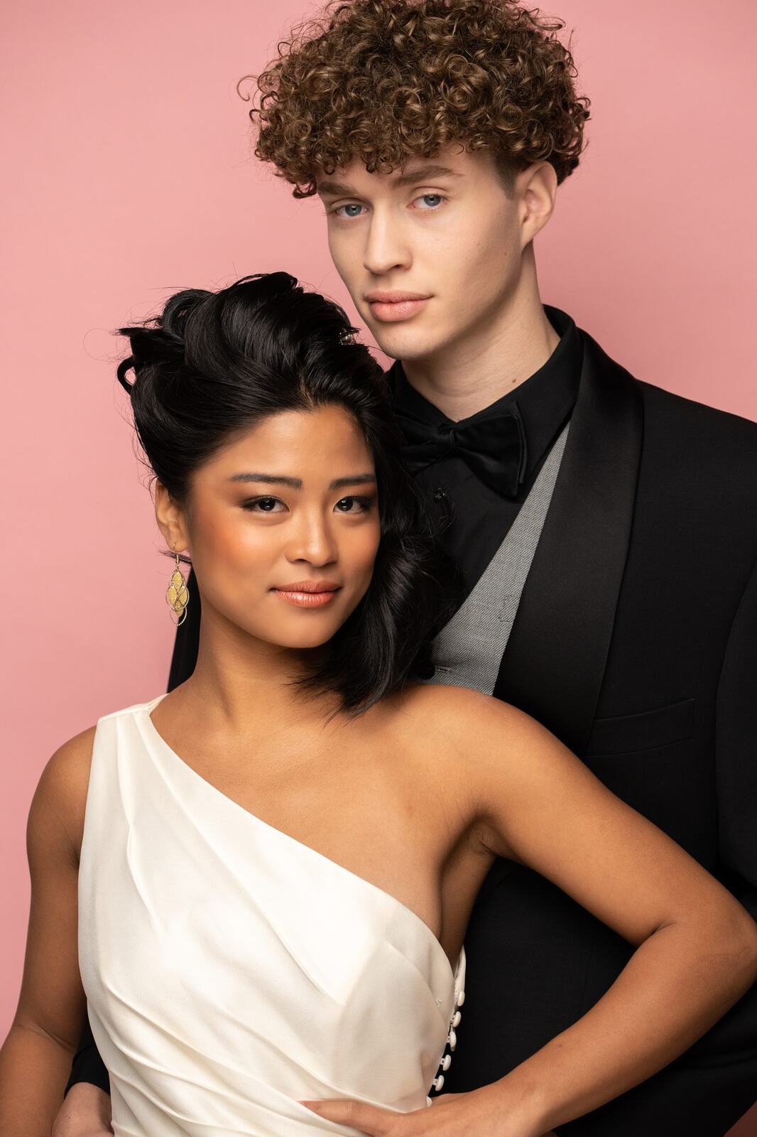 The Barbershoppe / Diva Den Bridal Formals corporate story frame 25: Collaborative bridal-formal brand photography for The Barbershoppe and Diva Den Day Spa, with hair, makeup, formal looks, studio portraits and campaign-ready beauty imagery..