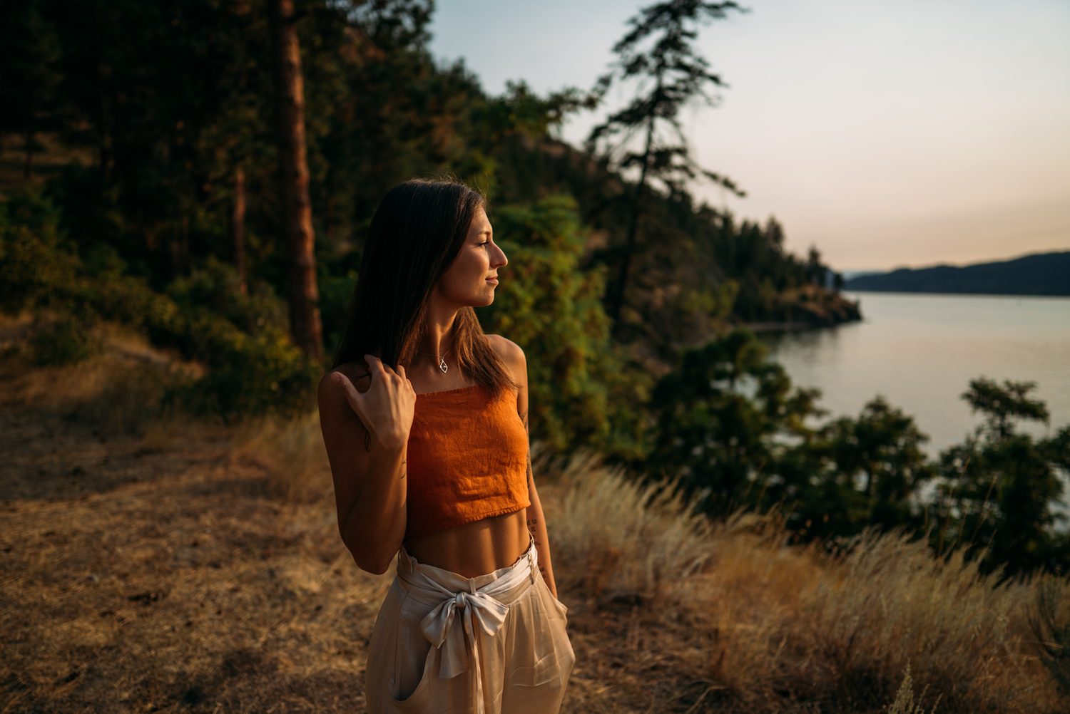 The Living Narrative, Sol corporate story frame 11: Personal-brand photography for The Living Narrative in Kelowna, with Sol in warm Okanagan light, lakeside portrait range and profile-ready images for creative business use..